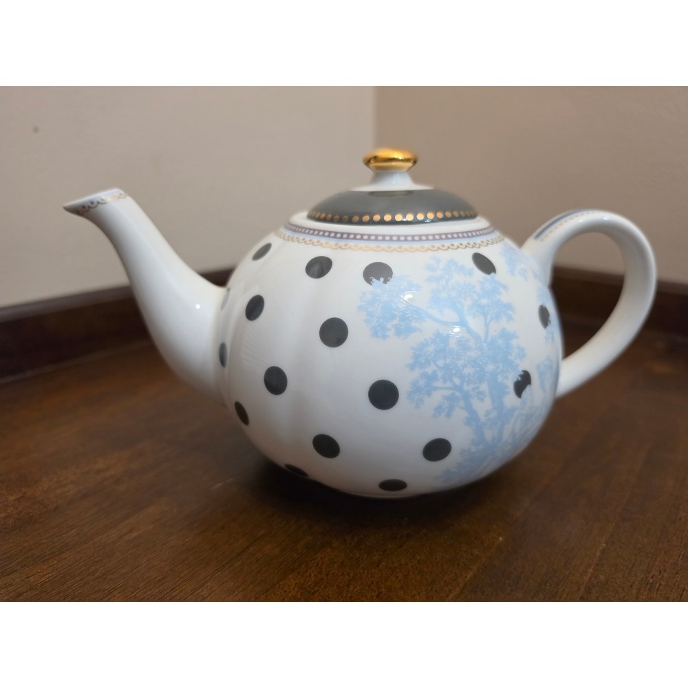 Grace Teaware Fine Porcelain Teapot Polka Dot Blue Tree Toile Gold Trim